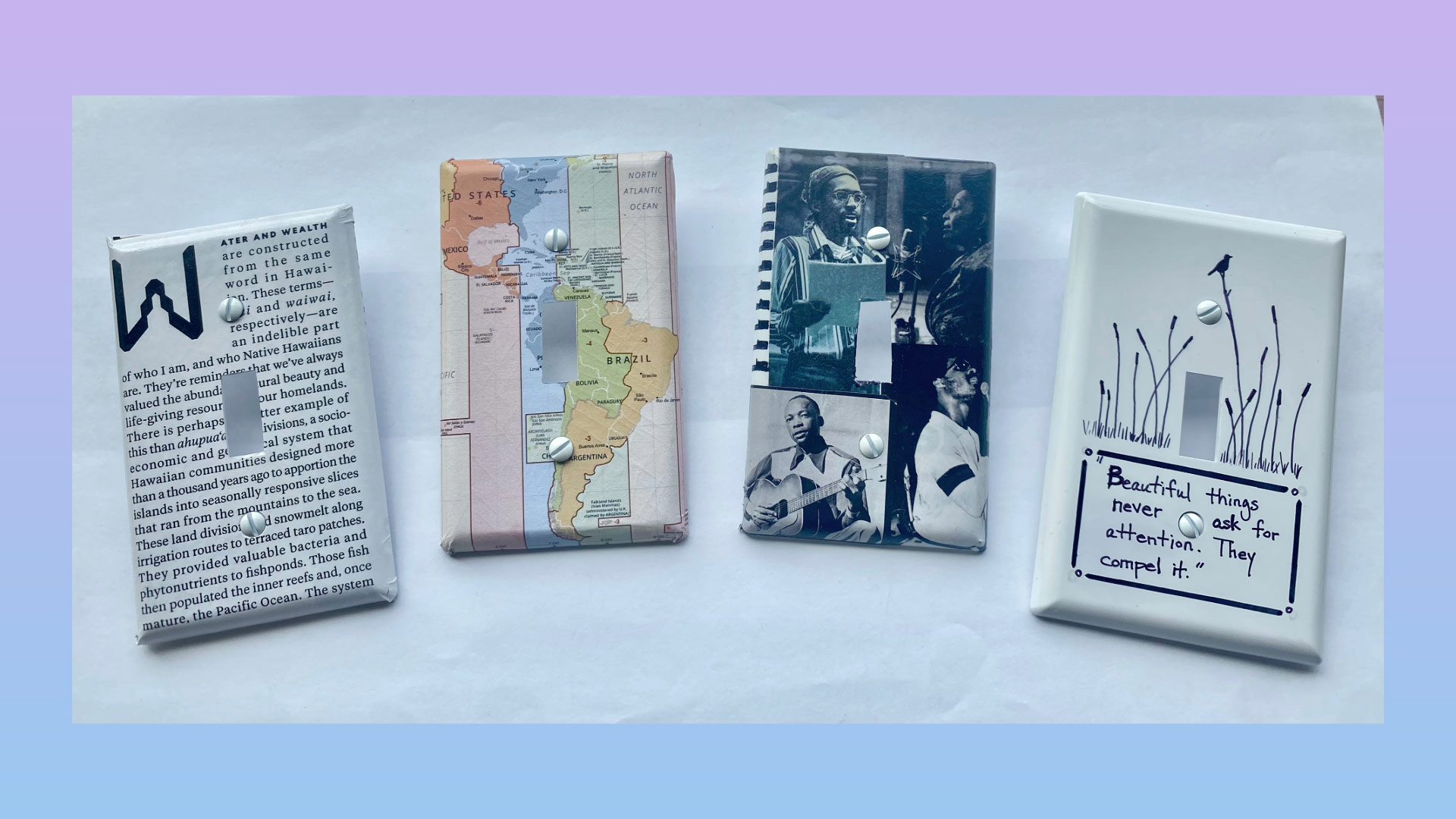4 light switch covers decorated with book text, a map of the americas, Black performers, and an inspirational message about beauty.