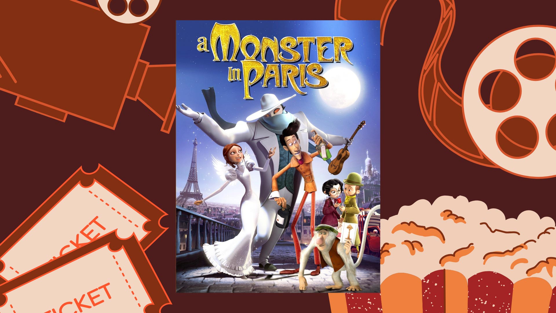 Monster in Paris movie poster with three performers, two childen, and a monkey against a moonlight Paris skyline