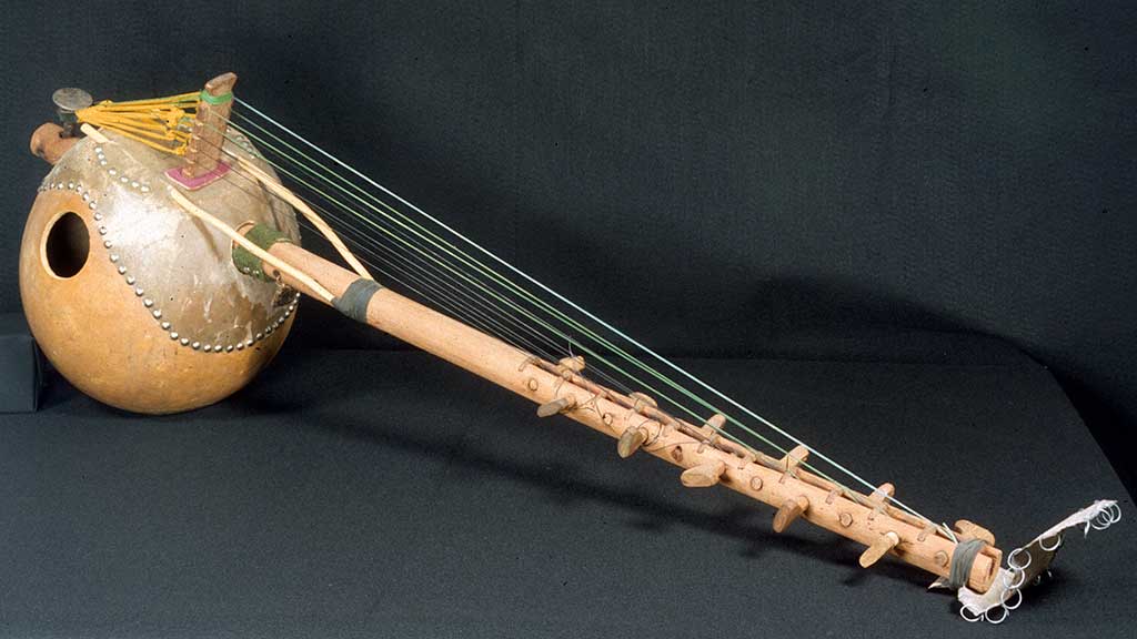 closeup of the hollow spherical soundbox of a stringed instrument