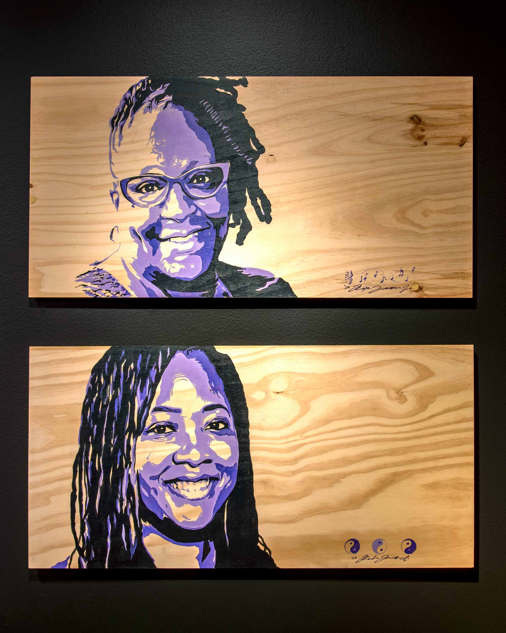 Two wooden canvases with portrais of Black women in three shades of purple