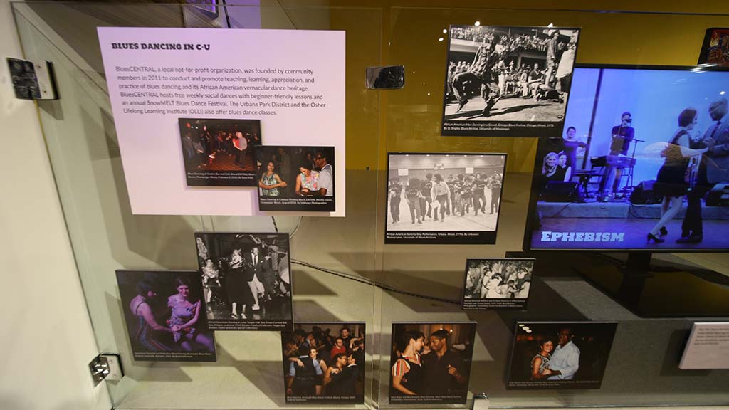 case shot including multiple black and white and colored images of people dancing