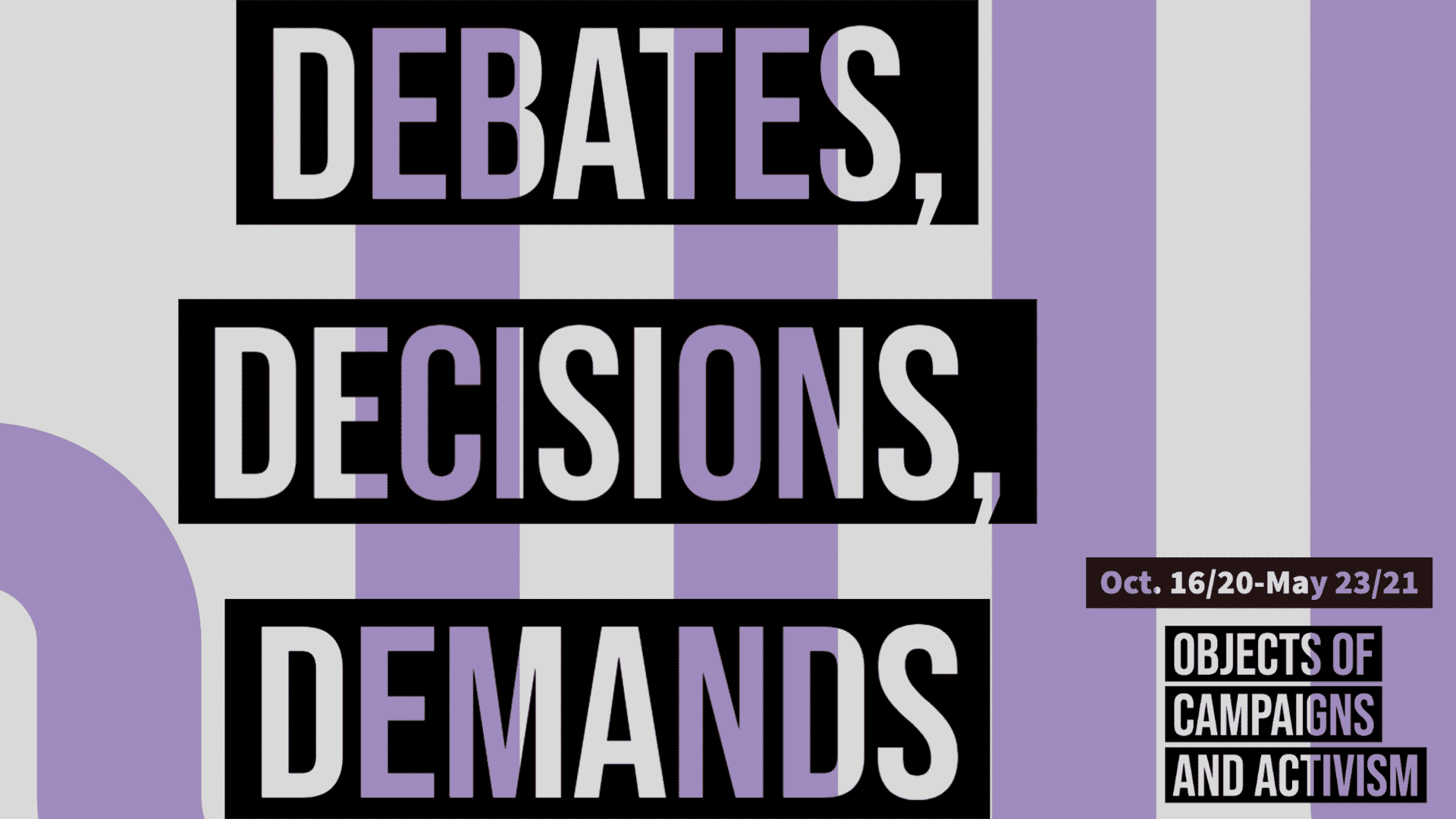 Debates Decisions, Demands logo image with purple and white stripes