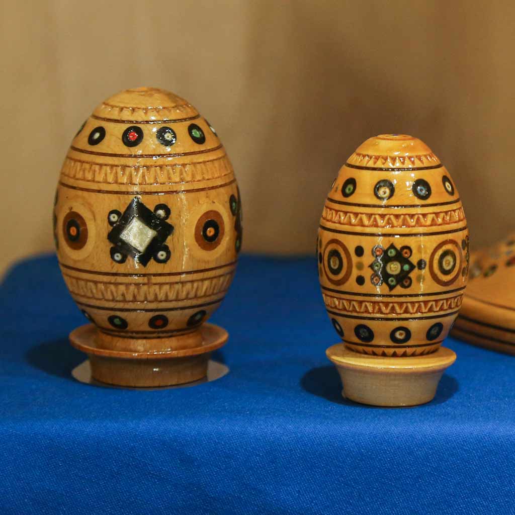 close up of wooden Hutsul decorated Easter eggs