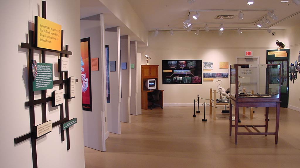 another gallery view with a display case, some cranes and text on the walls