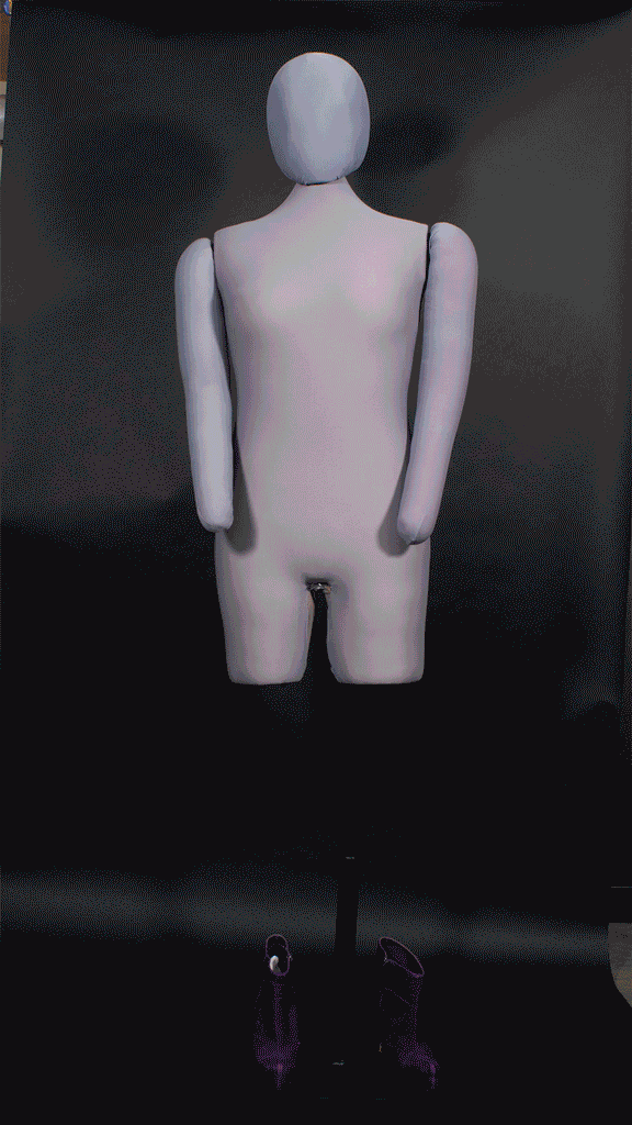 animation of a mannequin being dressed with purple mesh outfit with tall boots