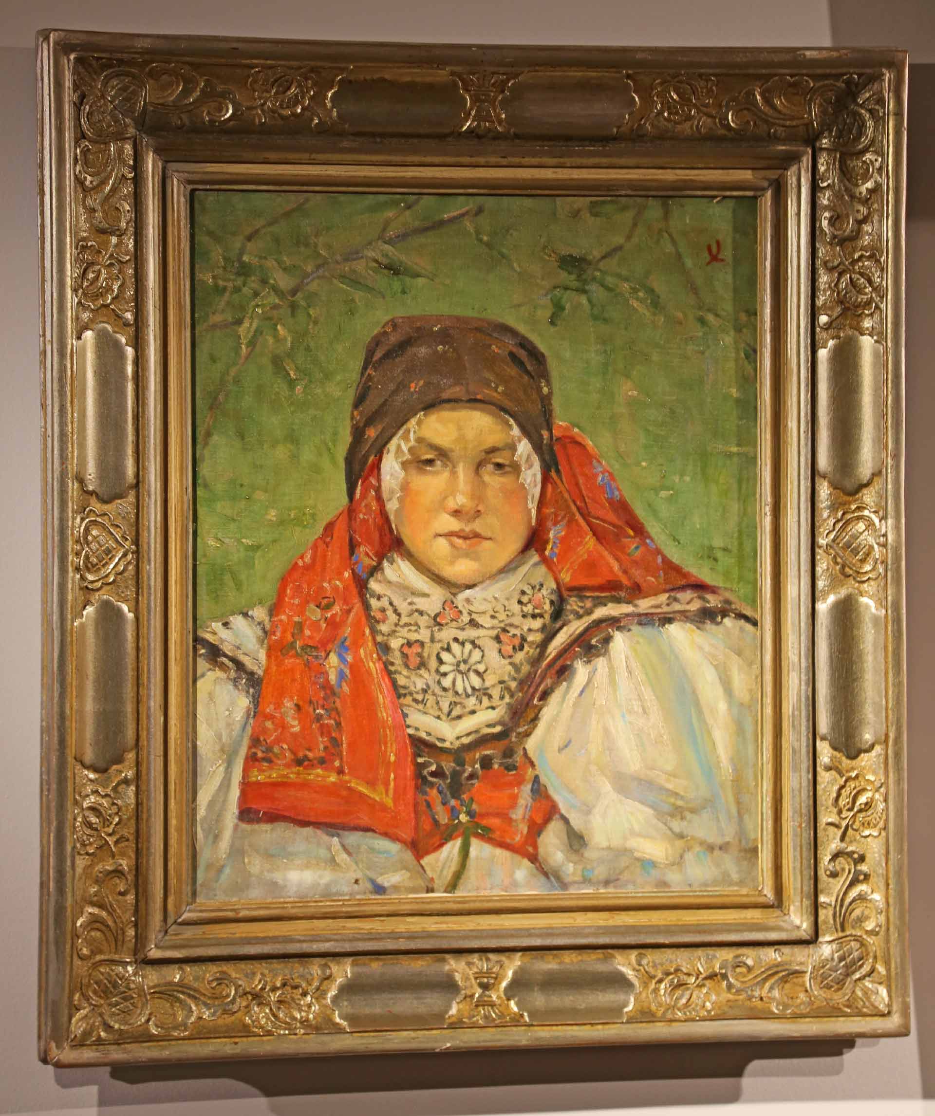 painting of a woman a head covering and the same orange head covering as well