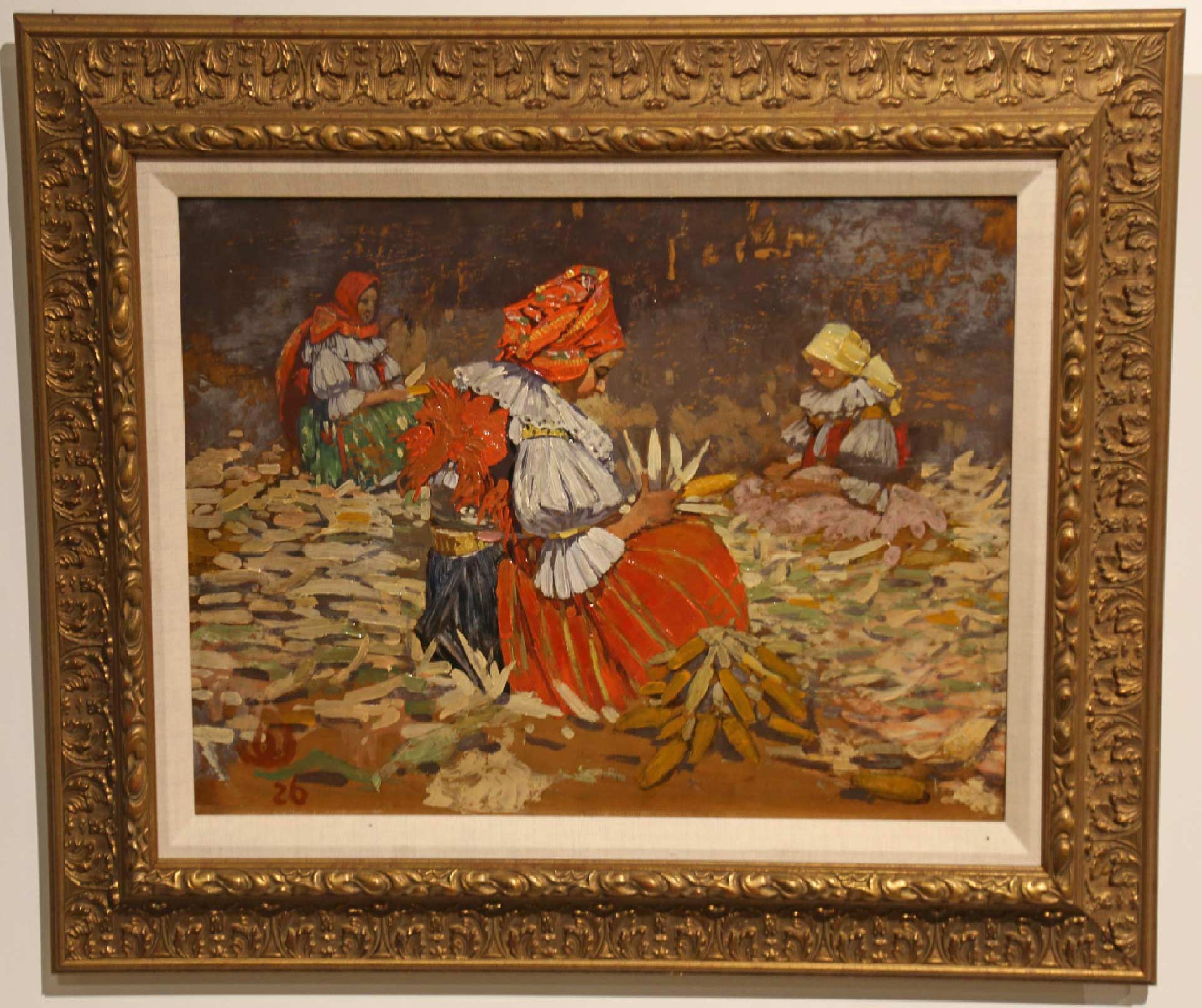 painting of women working in a field wearing dresses