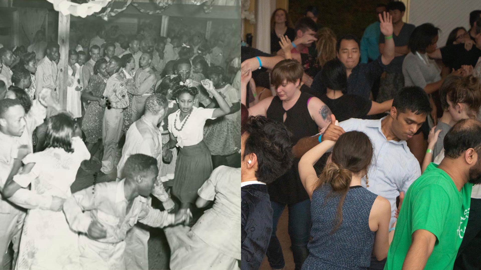 vintage photo of predominantly african-american dance club scene and a modern mixed-race dance scene