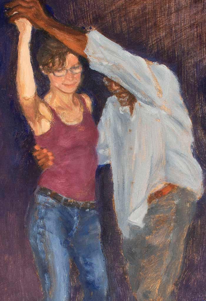 painting of a man and woman in casual clothing dancing
