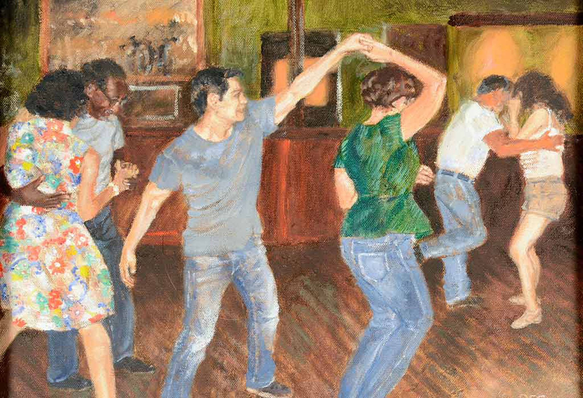 painting of three couples in casual clothing dancing