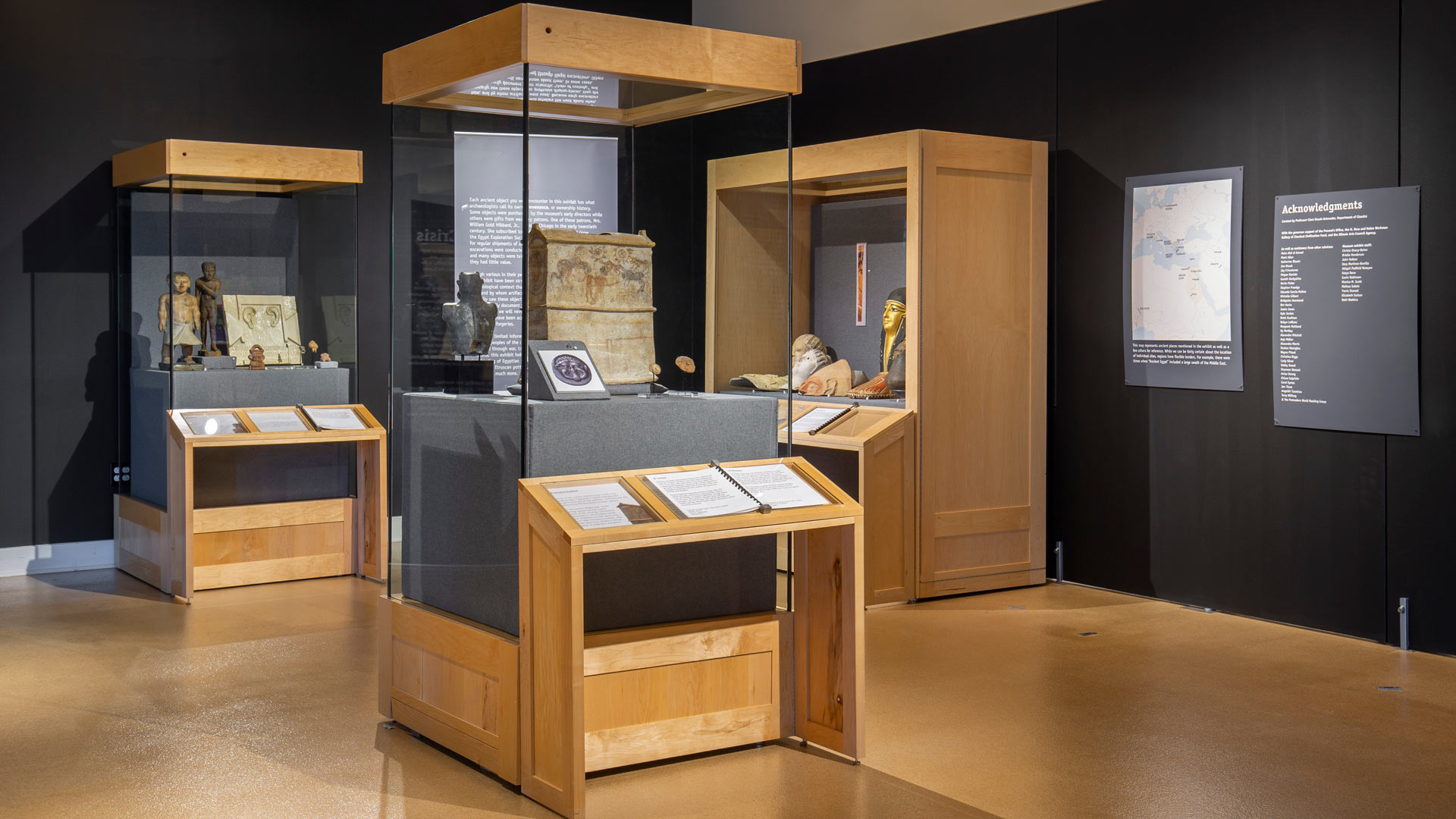Overview of the gallery with exhibit related artifacts on display