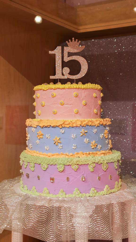 three tiered cake with pink, blue, and purple tiers. with a big 15 as the cake topper