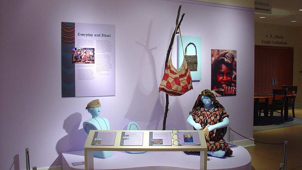 bag, woman weaving, figure with a woven hat and necklace