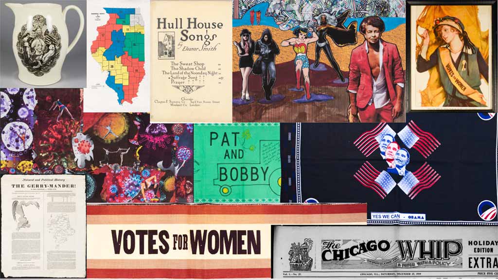 collage of disparate objects, art, and artifacts related to revolutions and political movements