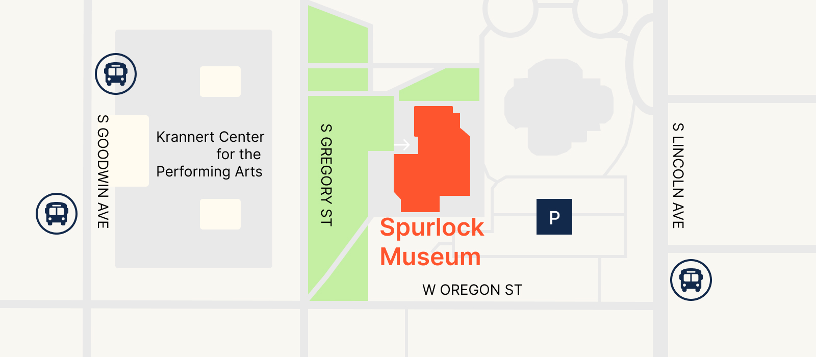 Neighborhood map of Spurlock Museum. Krannert Center to the west.